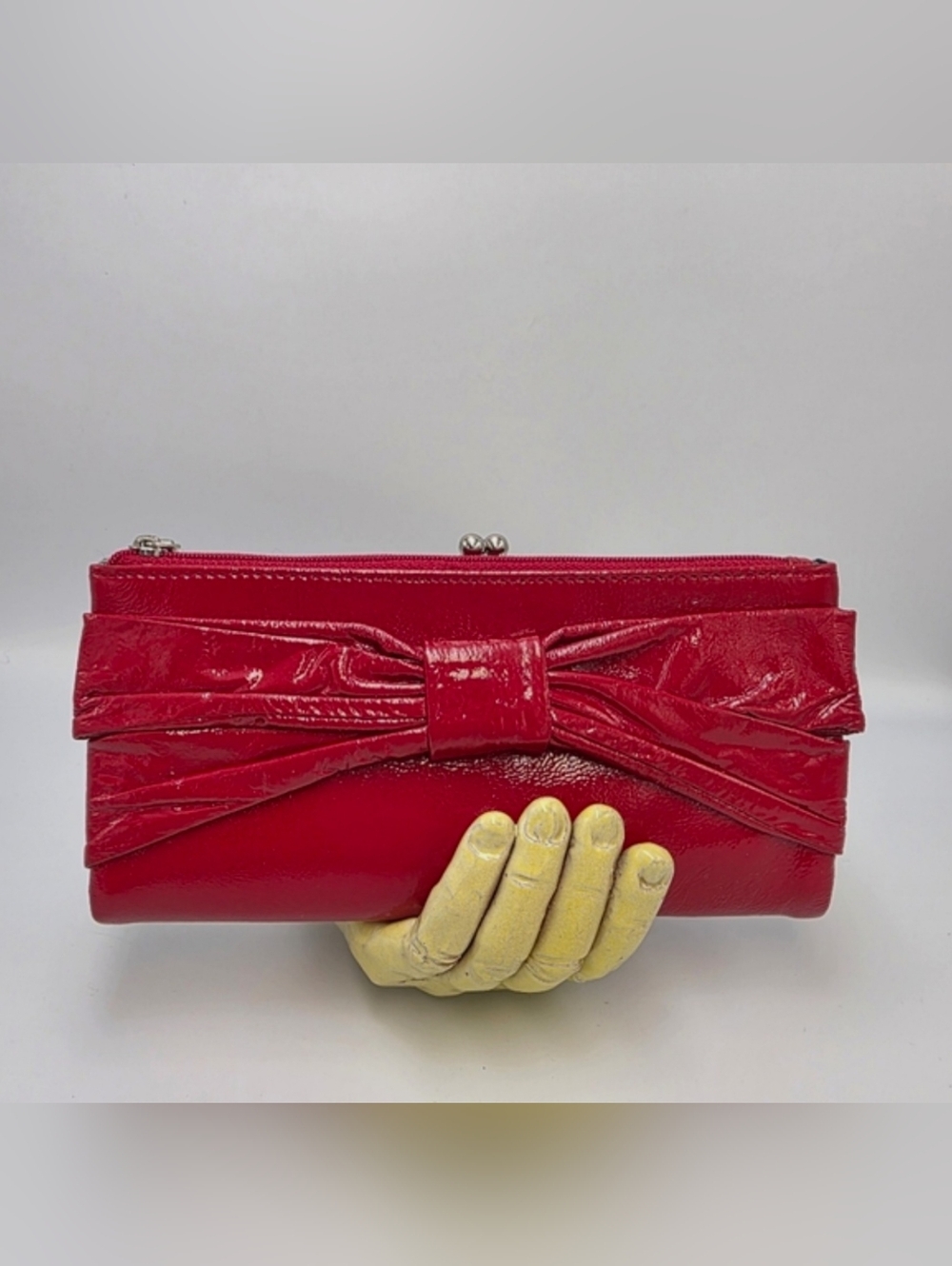 NEW HOBO Red Patent Leather Folding Kisslock Wallet With Bow Ebellished Front